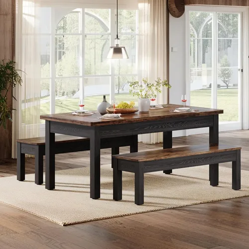 Vista 4 de Tribesigns Juego de Mesa de Cocina de Granja para 4-6, Mesa de Comedor de Madera de 55 Pulgadas con 2 Bancos, Juego de Comedor de 3 Piezas