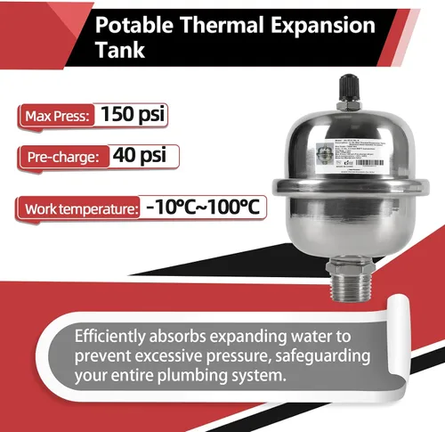 Vista 3 de EFIELD Mini tanque de expansión térmica (0.16L), pararrayos de martillo de acero inoxidable con rosca de 1/2 pulgada para calentador de agua sin