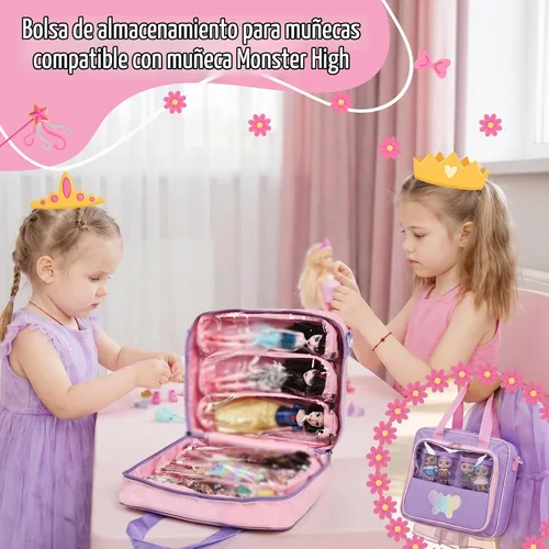 Vista 2 de Funda de transporte compatible con muñecas Barbie de 12 pulgadas/6 pulgadas. Bolsa de almacenamiento para muñecas compatible con muñecas LOL Rosa