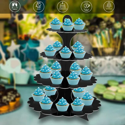 Vista 3 de Soporte redondo negro para cupcakes de 4 niveles, paquete de 2, elegante exhibición de postres para bodas, fiestas, cumpleaños