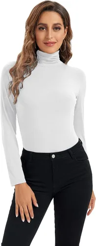Vista 3 de HoneyEcho Camiseta de manga larga con cuello alto para mujer, suave, elástica, capa base ajustada.