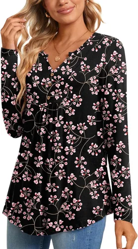 Vista 3 de CATHY Blusa tipo túnica de manga larga para mujer, cuello en V, con botones, informal, plisada, básica
