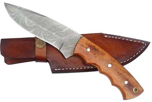 Vista 11 de Cuchillo de Acero de Damasco con Funda de Cuero – Cuchillo de Hoja Fija de Espiga Completa de 7.5" con Mango de Madera de Palisandro de 4