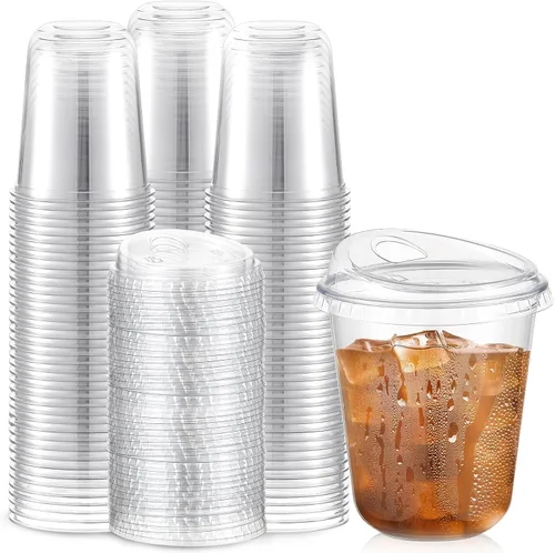 Vista 19 de Baderke 100 vasos de plástico con tapas para sorber, fondo redondo, vasos de café de plástico desechables con tapas, tazas de cristal transparentes