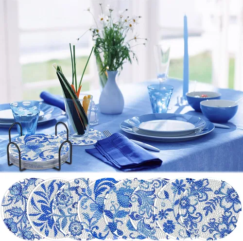 Vista 6 de Juego de posavasos con diseño de diamantes de flores azules, posavasos de diamante acrílico 5D con base de corcho y soporte para adultos, 8