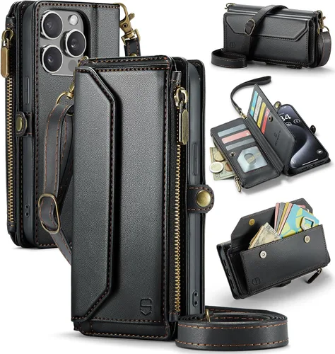 Vista 32 de Strapurs - Funda magnética desmontable para iPhone 15, color negro Compatible with Magsafe, Crossbody Wrist Strap, RFID Blocking 9-Card Holder