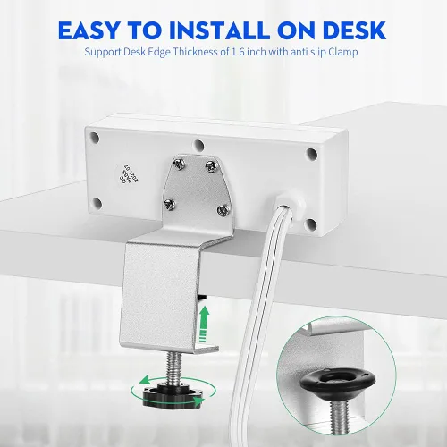 Vista 3 de Regleta de alimentación de borde de escritorio con puertos USB, abrazadera de escritorio, tomas de corriente montables debajo del escritorio, cable