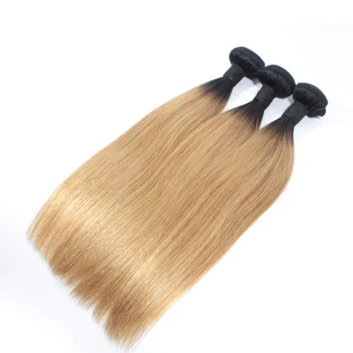 Vista 5 de Extensiones de cabello humano virgen ondulado brasileño ombré, 3 paquetes de 12 pulgadas #1B/27 rubio barato sin procesar para mujeres