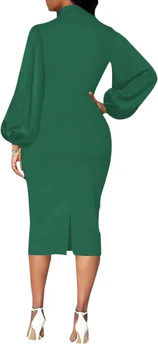 Vista 2 de BestGirl Vestidos ajustados de manga obispo para mujer, vestidos de trabajo casuales con estampado floral