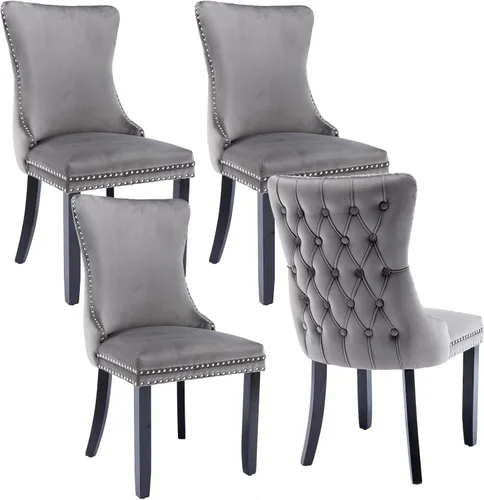 Vista 29 de mikibama Juego de 2 sillas de comedor tapizadas de terciopelo con respaldo de ala, sillas de comedor con patas de madera maciza con botón de cabeza