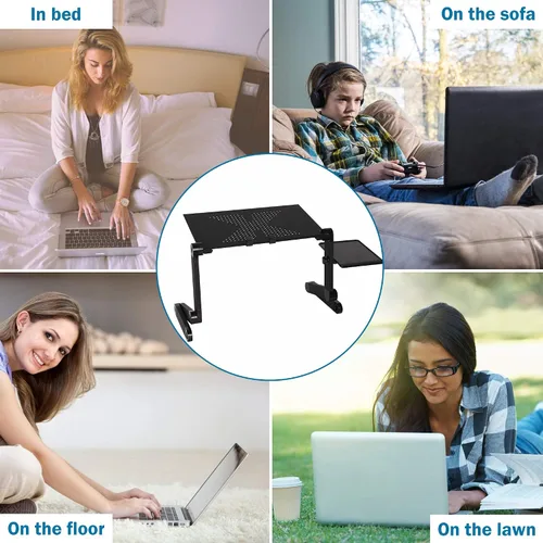 Vista 7 de Escritorio plegable de aluminio para laptop, soporte de mesa portátil ajustable con alfombrilla para mouse, escritorio ergonómico para cama y sofá