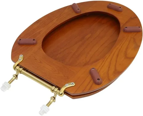 Vista 4 de Renovators Supply Manufacturing Asiento de retrete alargado de madera de caoba ligera con las bisagras de cobre amarillo de PVD y el parachoques