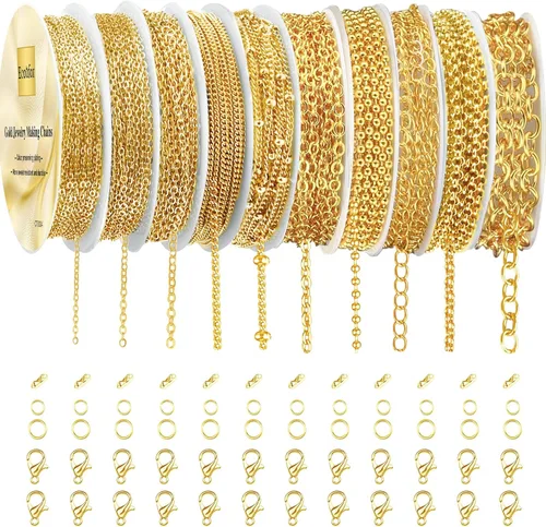 Vista 14 de Ecoofor Cadenas de collar de oro para hacer joyas, 62.3 pies, 8 rollos de cadenas de joyería para hacer collares, pulseras y joyas con anillos