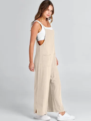 Vista 4 de ANRABESS Overol de lino con bolsillos para mujer, estilo casual, suelto, largo, con pierna ancha