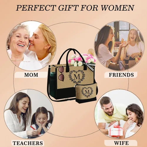 Vista 8 de Bolsa de yute con inicial y bolsa de maquillaje, bolsa de mano con monograma bordado, regalos de cumpleaños personalizados para mujeres y madres