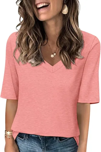 Vista 8 de Minetom Camisetas de verano básicas de media manga con cuello en V para mujer