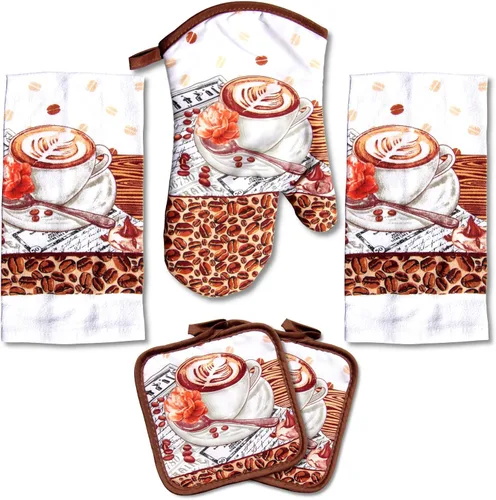 Vista 10 de Encantador juego de toallas de cocina de 5 piezas: diseño de chef uniforme y regordete, incluye 2 paños decorativos (25 x 15), 1 guante de horno y 2