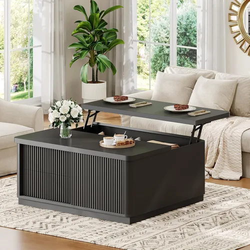 Vista 9 de Itaar Mesa auxiliar elevable de 39.4 pulgadas con almacenamiento, mesas de centro estriadas para sala de estar, mesa de centro cuadrada con gran