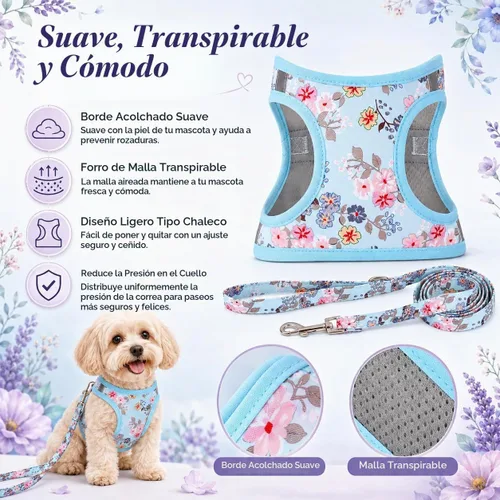 Vista 4 de Arnés para perro con correa, arnés reflectante para todo clima, sin tirones, con patrón floral, acolchado, malla para gatos, cachorros, perros