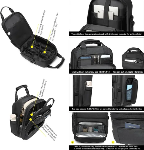 Vista 4 de OZUKO Bolsa de equipaje de mano debajo del asiento para aviones de 18 x 14 x 8, bolsa de artículos personales para Spirit Airlines con ruedas, Negro