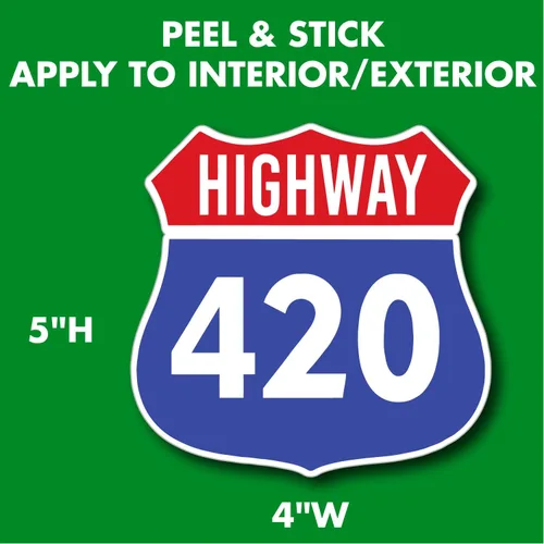 Vista 2 de Calcomanía de hierbas, cannabis y marihuana con leyenda "Highway 420 ". 4 pulgadas x 5 pulgadas.