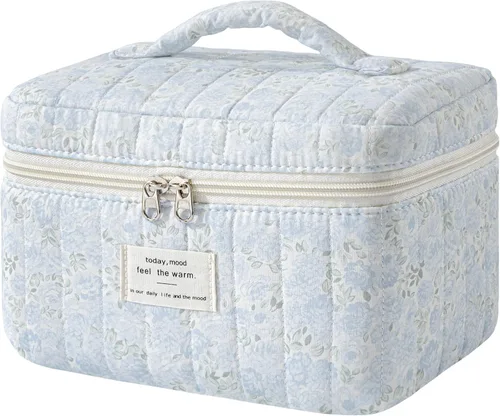 Vista 17 de HBselect Bolsa de Maquillaje Acolchada, Bolsa de Maquillaje Grande de Algodón para Viaje, Lindas Bolsas de Maquillaje con Flores Coquette, Bolsas
