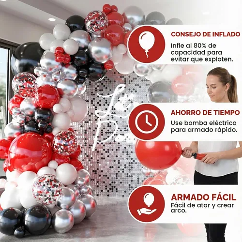 Vista 5 de Kit de arco de globos negros y rojos, guirnalda de globos plateados, globos de confeti blanco, decoración de cumpleaños, aniversario de boda