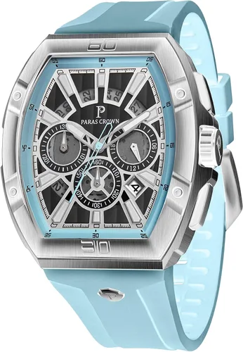 Vista 19 de Paras Crown Watches for Men Tonneau 5ATM Waterproof Quartz Luxury Chronograph Analog Men's Wrist Watches Stainless Steel Case Mens Watches Negro