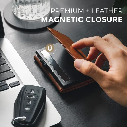 Vista 33 de VULKIT Cartera con tarjetero para hombre, con cierre magnético, bloqueo RFID, billetera de cuero triple, marino, Moderno