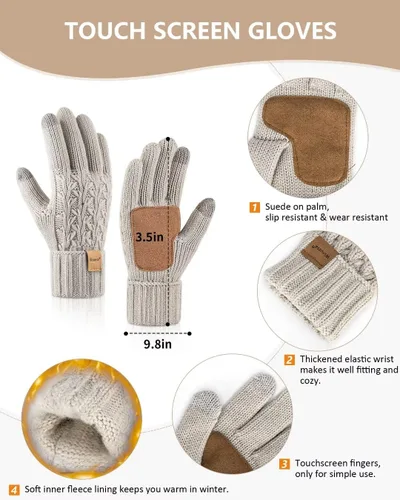 Vista 3 de Conjunto de gorro y bufanda para mujer, gorro de invierno con forro polar con pompones, bufanda de punto larga, guantes para pantalla táctil