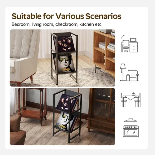 Vista 8 de Soporte de almacenamiento de discos de vinilo de metal negro de 2 niveles para colección Conceptual Design, Sturdy Black Metal Frame, 2-Tier