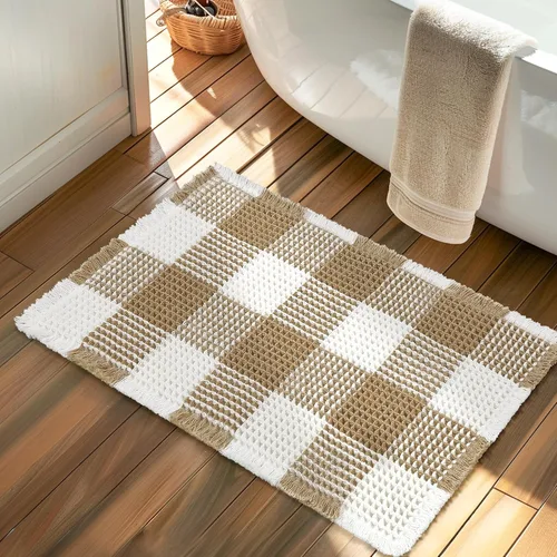 Vista 7 de Arenarug Tapete de baño de punto gofre a cuadros, súper absorbente, bohemio, antideslizante, lavable, ultra suave, con borlas, para suelo de baño