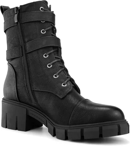 Vista 2 de Tobfis Botas de combate para mujer con hebilla lateral y tacón grueso, Negro, 0