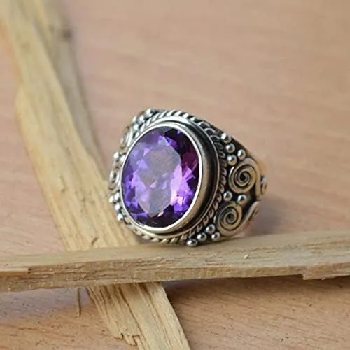 Vista 6 de Anillo de plata de ley 925 maciza de amatista natural joyería hecha a mano joyería bohemia de febrero Piedra preciosa amatista