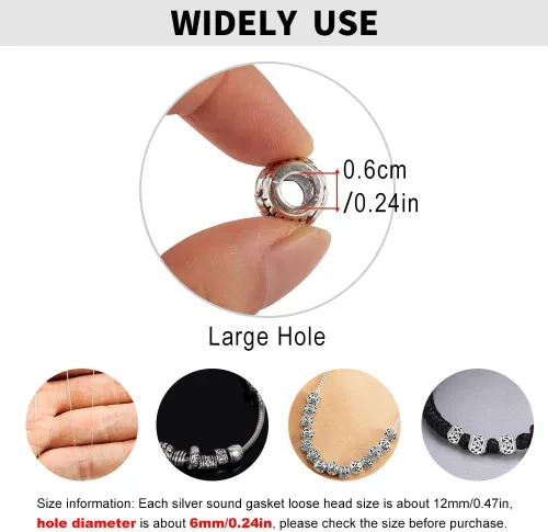 Vista 6 de 40 piezas de cuentas espaciadoras de tubo metálico para fabricación de joyería, cuentas de paracord de agujero grande plateadas, cuentas