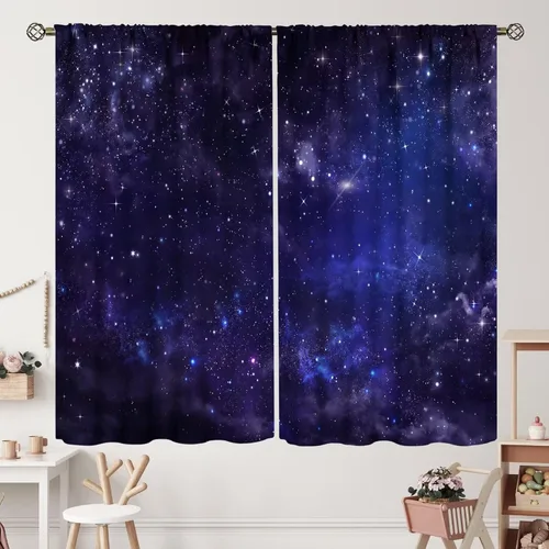 Vista 13 de Cortinas de planeta galaxia, espacio exterior, universo, nebulosa, estrellas, cielo estrellado, con bolsillo para cortinero, para sala de estar