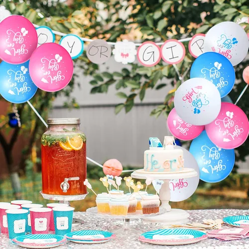 Vista 7 de 60 globos de revelación de género para niñas o niños, globos de látex para fiesta de revelación en blanco, rosa y azul, suministros para decoración