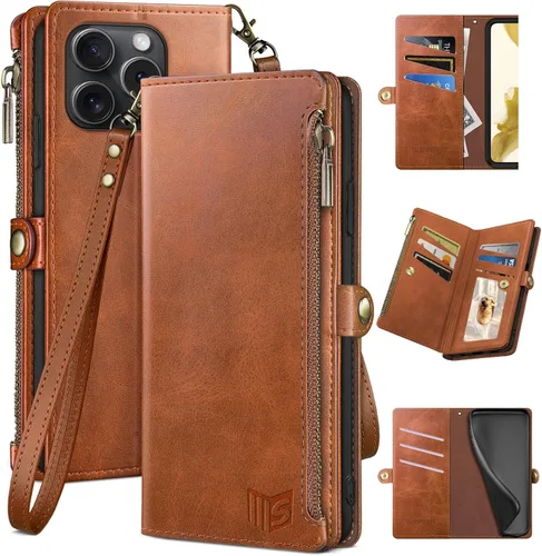 Vista 9 de XcaseBar Funda tipo cartera compatible con iPhone 14 Pro Max de 6.7 pulgadas con cremallera y tarjetero de crédito, bloqueo RFID, funda de piel