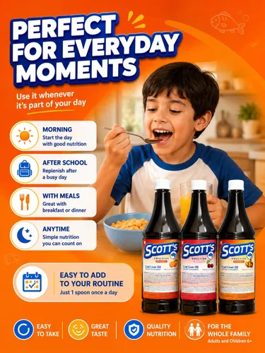 Vista 3 de SCOTT'S EMULSION Aceite de hígado de bacalao líquido para niños, sabor a cereza, apoya el crecimiento, la inmunidad y la salud ósea, rico en omega 3
