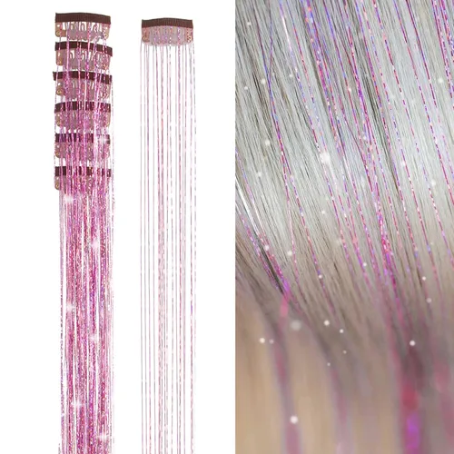 Vista 11 de Extensiones de oropel para el cabello con clip Bronce con reflejos para el cabello 52 cm 6 piezas, cabello de hada multicolor, oropel sintético