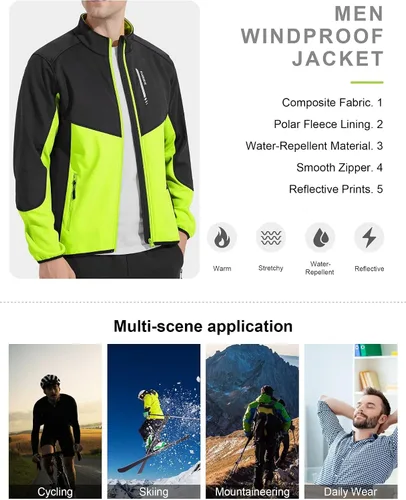 Vista 6 de INBIKE Chaqueta de ciclismo para hombre, chaqueta de ciclismo para correr, cortavientos reflectante, resistente al viento, forro polar para clima