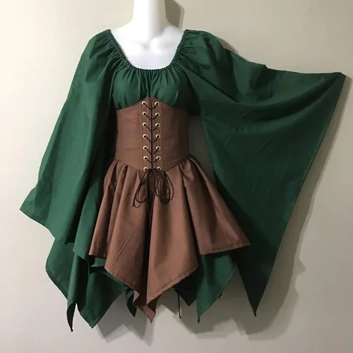 Vista 2 de Vestido tradicional irlandés para mujer, disfraz corto medieval, vestido grande con corsé para Halloween, vestido victoriano