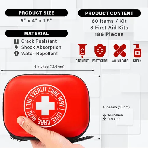 Vista 4 de EVERLIT CARE MiniAid Kit de primeros auxilios Estuche compacto y liviano con mosquetones para viajes Apto para familias y niños, 180 piezas