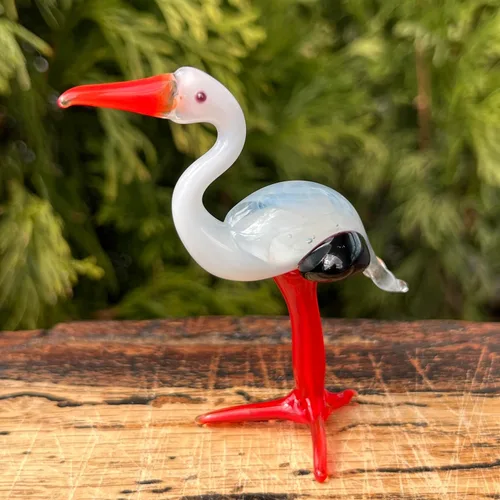 Vista 6 de Figura de cigüeña de cristal, escultura de pájaro de vidrio soplado a mano, adorno de cigüeña en miniatura, figura de animal de vidrio artístico