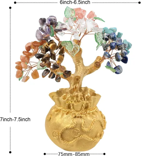 Vista 2 de mookaitedecor Árbol de dinero de cristal de 7 chakras con base de bolsa de dinero dorada, adorno de bonsái de árbol de Feng Shui para decoración