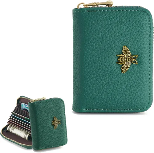Vista 11 de WOZEAH Billetera pequeña para mujeres con bloqueo RFID, cartera para tarjetas de crédito, cartera de acordeón de cuero con cremallera, Negro