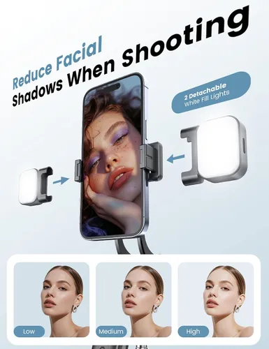 Vista 4 de Trípode para selfie stick de 67 pulgadas con luz, soporte de teléfono básico para iPhone y Samsung, trípode extensible todo en uno con control