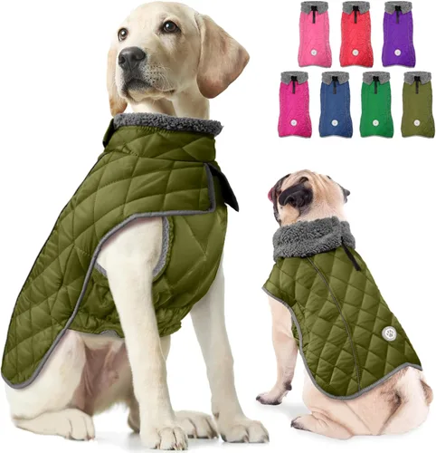 Vista 11 de Fragralley Abrigo de invierno para perro, chaqueta de forro polar reflectante impermeable y resistente al viento con agujero para arnés, chaleco