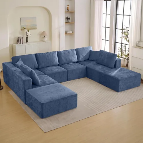 Vista 47 de WUTUTUEE Sofá modular en forma de U de 115 pulgadas, sofá modular modular de 3 plazas con 2 otomanas móviles, sofá cama convertible de pana con Beige