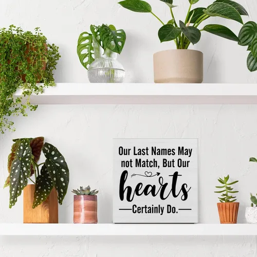 Vista 5 de Blended Family - Cartel decorativo de madera con texto en inglés "Our Last Names May Not Match But Our Hearts Certainly Do Wood Block Plate Decor